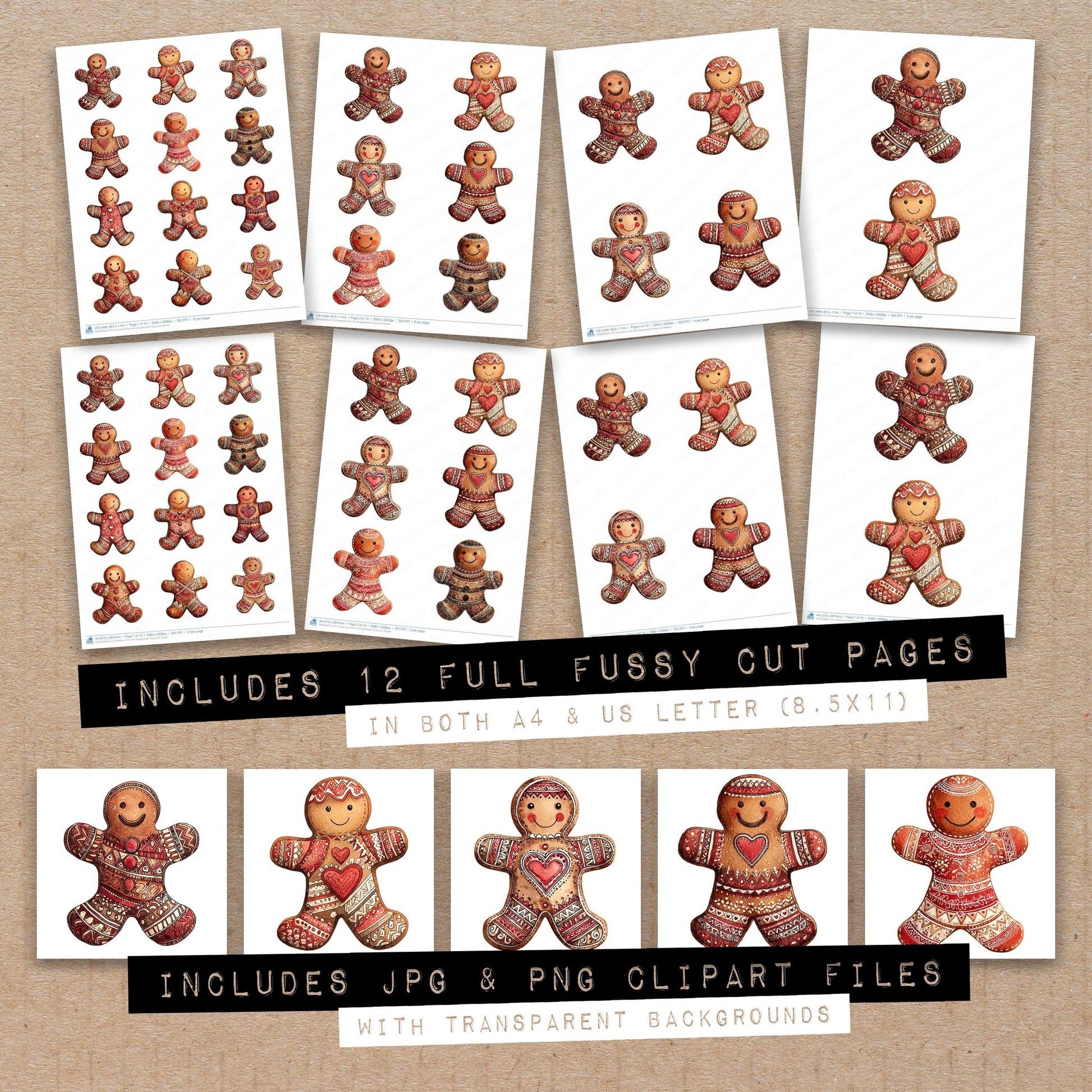 Full collection view of Christmas Folk Art Gingerbread fussy cut sheets with bonus clipart JPG and PNG files