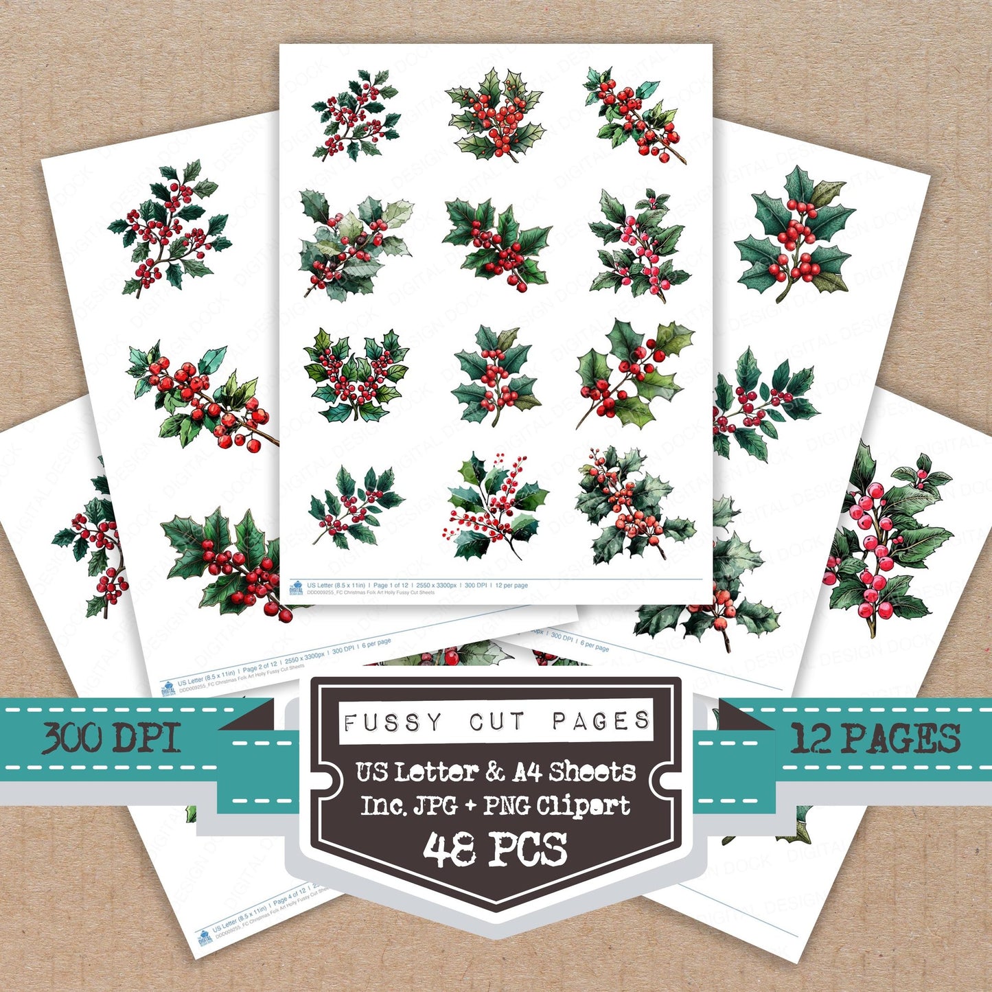 Christmas Folk Art Holly fussy cut printable sheets for junk journaling, scrapbooking, and paper craft projects
