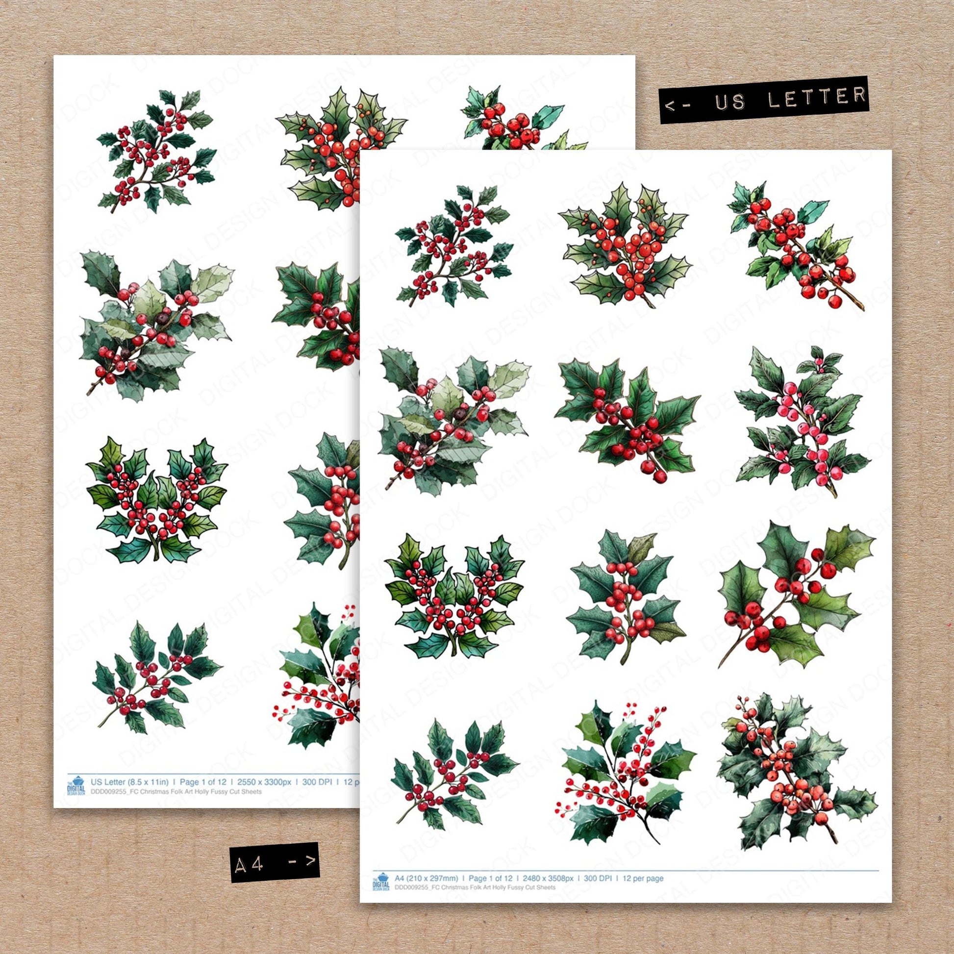 A4 and US Letter format comparison showing Christmas Folk Art Holly fussy cut pages for print and cut crafting
