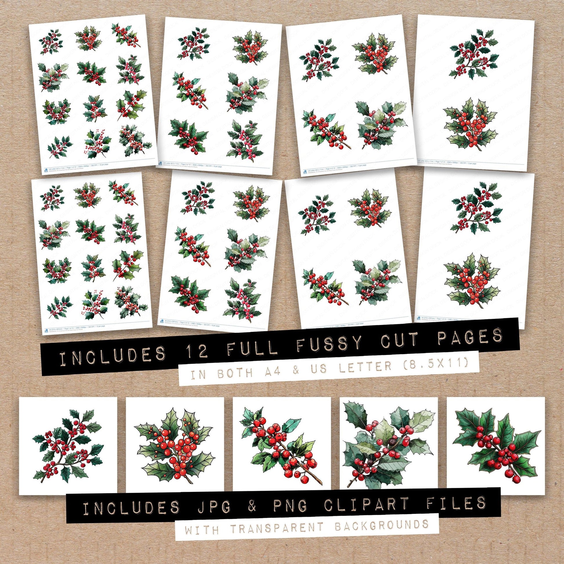 Full collection view of Christmas Folk Art Holly fussy cut sheets with bonus clipart JPG and PNG files