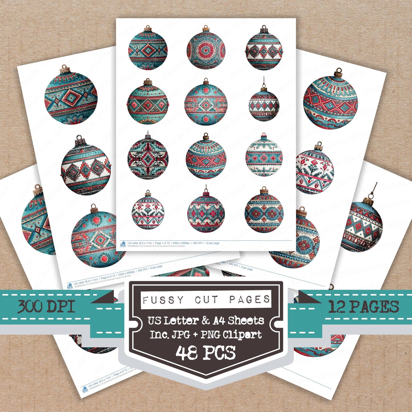 Christmas Folk Art Ornament fussy cut printable sheets for junk journaling, scrapbooking, and paper craft projects