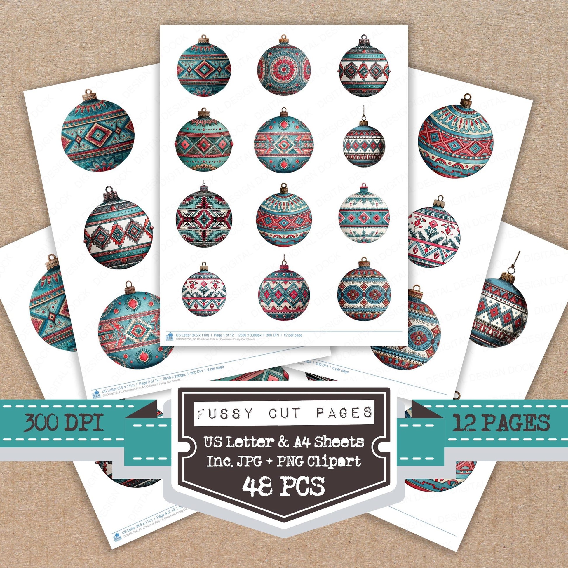 Christmas Folk Art Ornament fussy cut printable sheets for junk journaling, scrapbooking, and paper craft projects