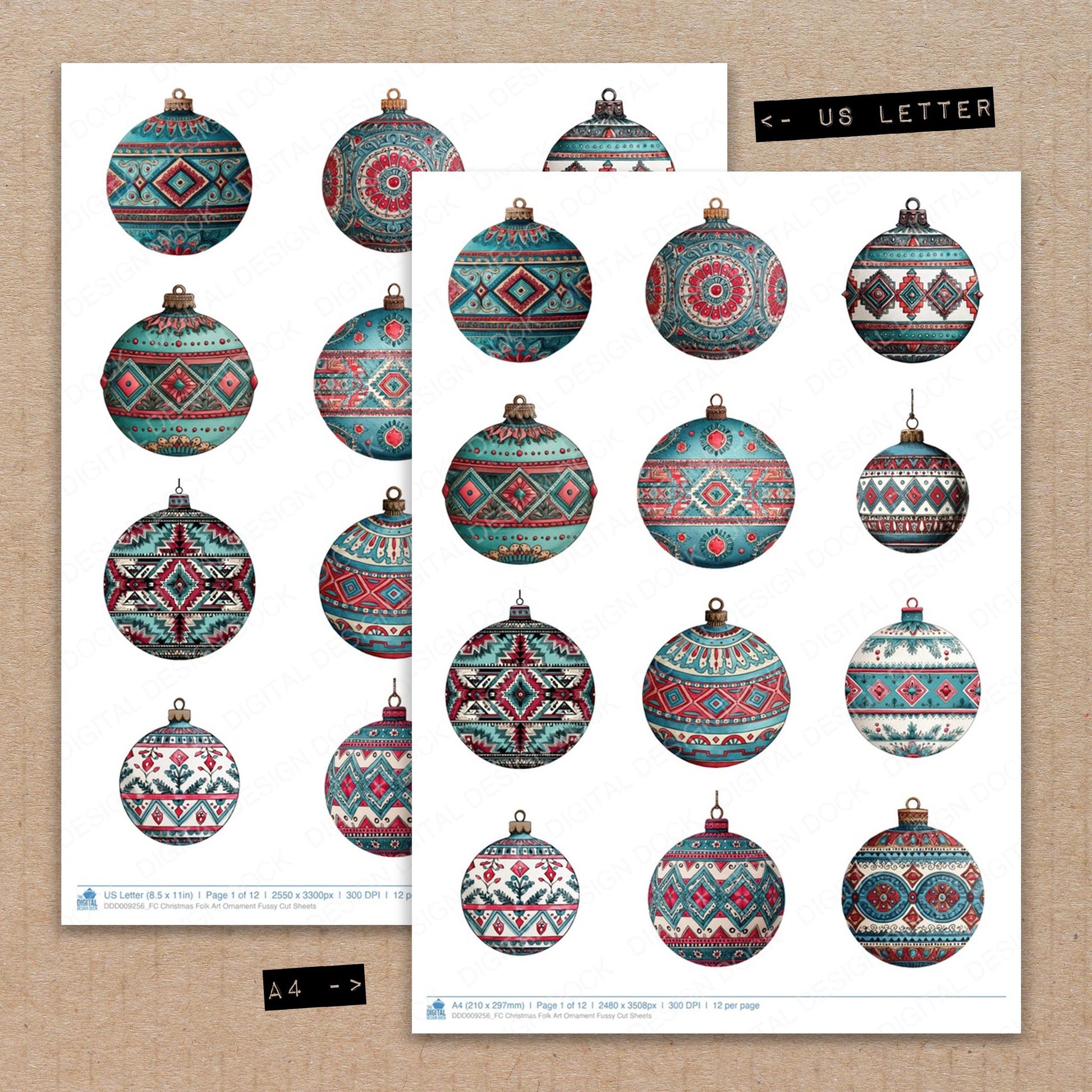 A4 and US Letter format comparison showing Christmas Folk Art Ornament fussy cut pages for print and cut crafting