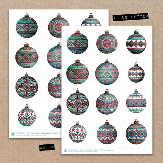 A4 and US Letter format comparison showing Christmas Folk Art Ornament fussy cut pages for print and cut crafting