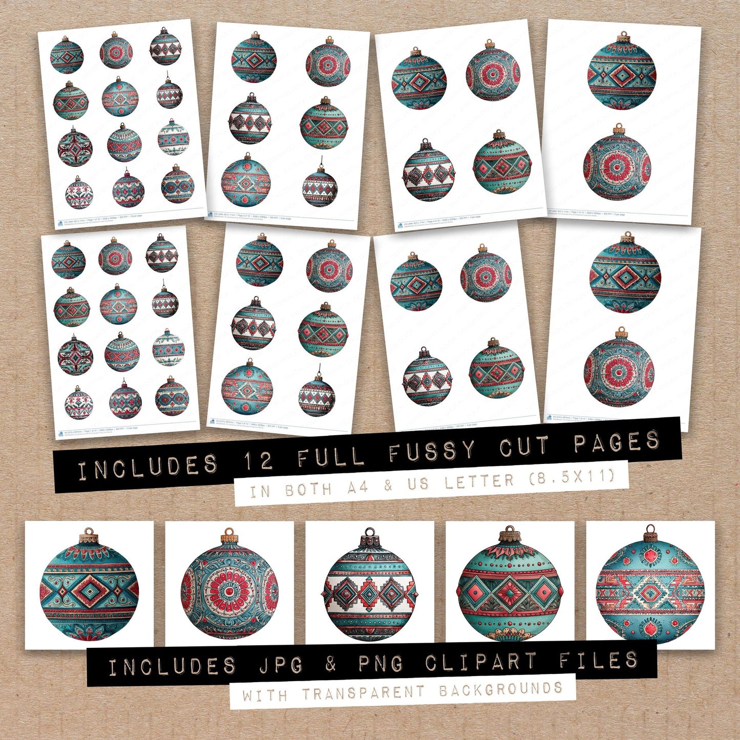 Full collection view of Christmas Folk Art Ornament fussy cut sheets with bonus clipart JPG and PNG files