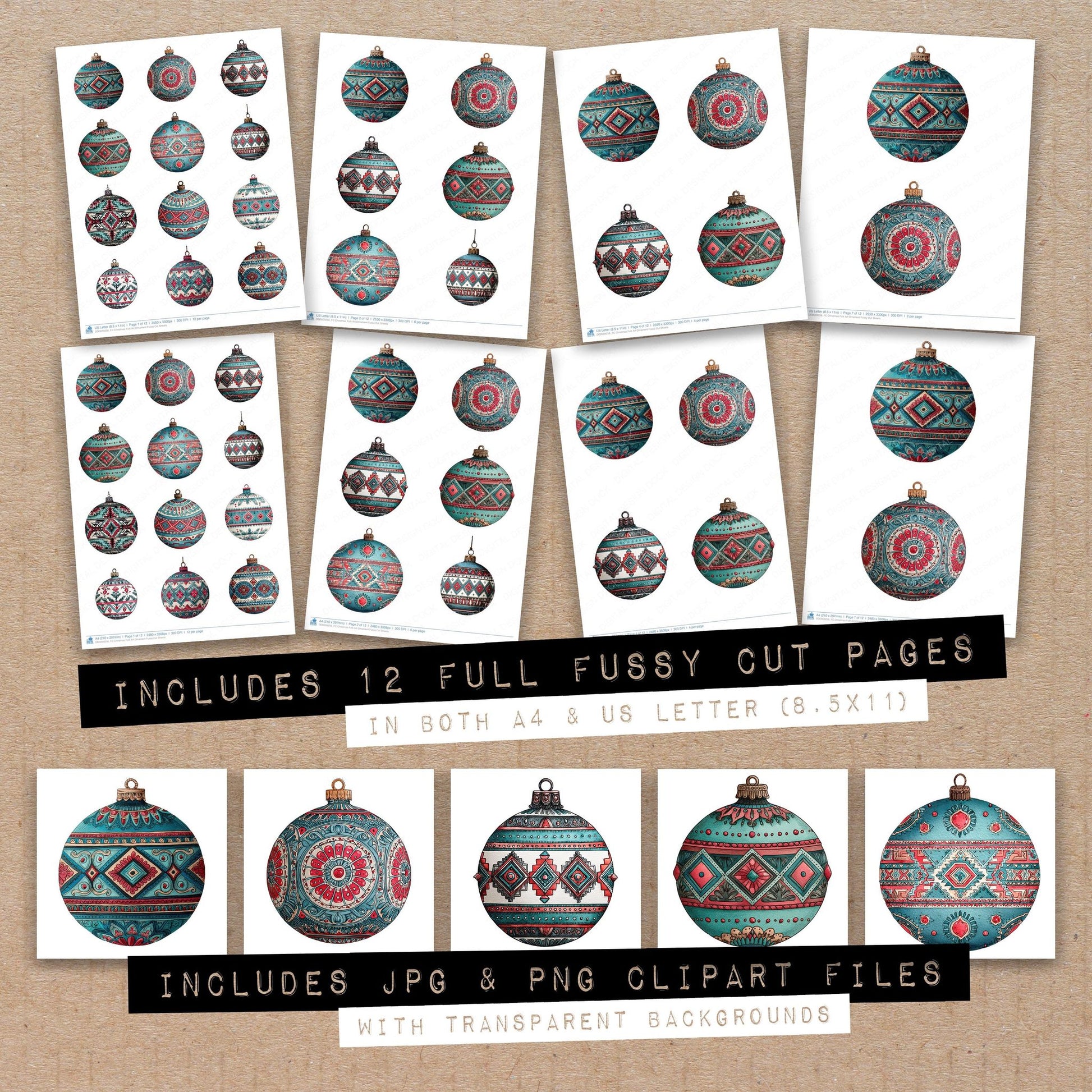 Full collection view of Christmas Folk Art Ornament fussy cut sheets with bonus clipart JPG and PNG files