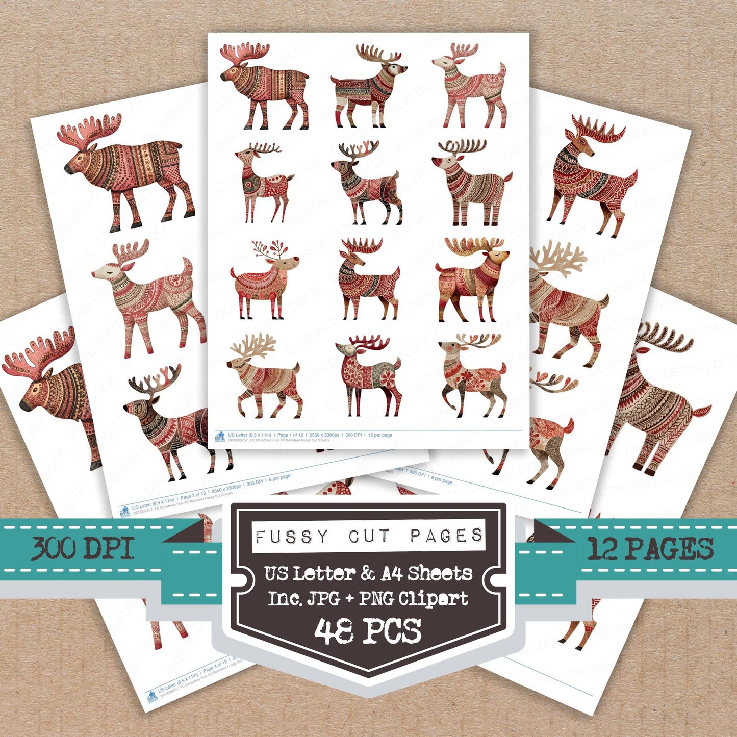 Christmas Folk Art Reindeer fussy cut printable sheets for junk journaling, scrapbooking, and paper craft projects