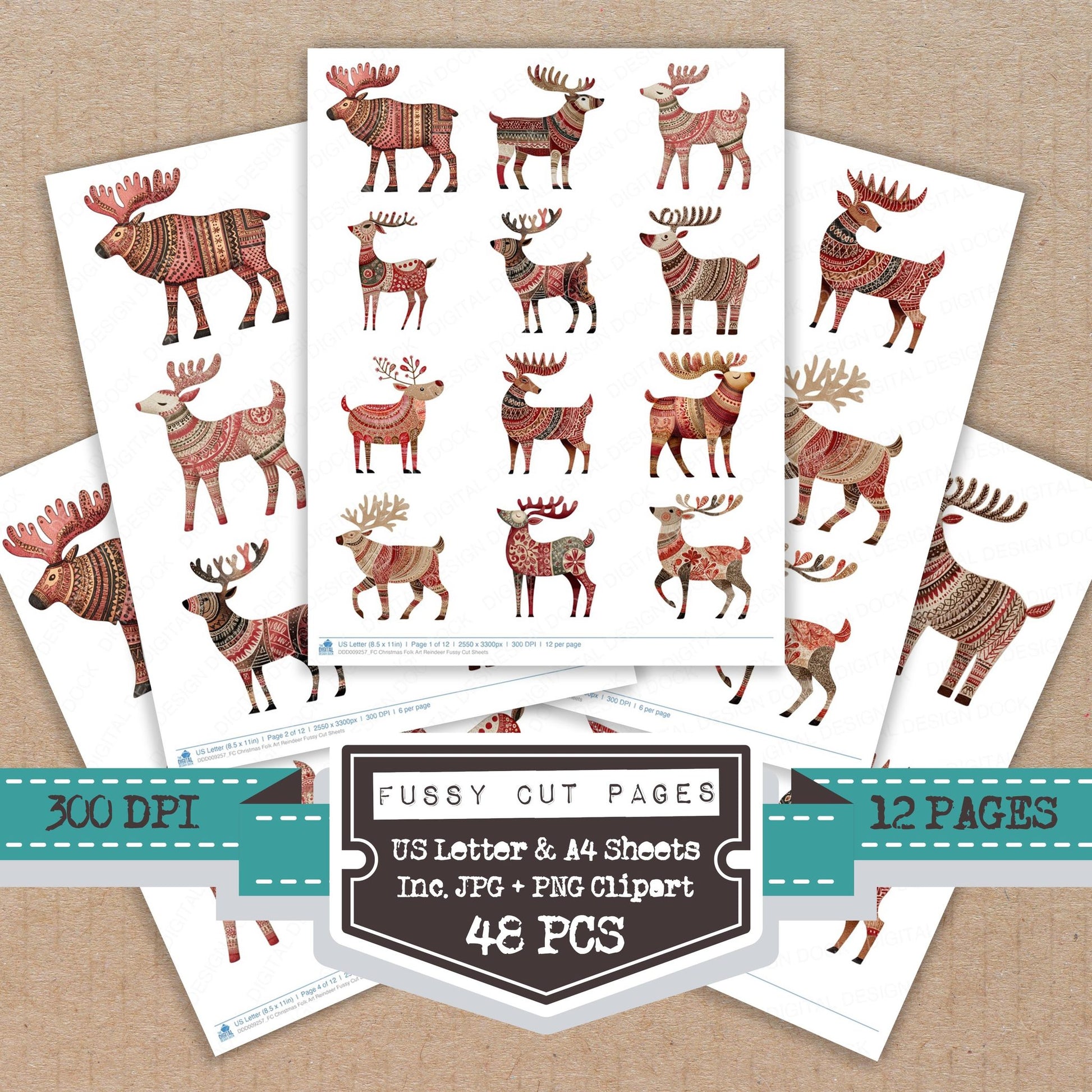 Christmas Folk Art Reindeer fussy cut printable sheets for junk journaling, scrapbooking, and paper craft projects