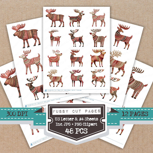 Christmas Folk Art Reindeer fussy cut printable sheets for junk journaling, scrapbooking, and paper craft projects