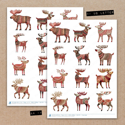 A4 and US Letter format comparison showing Christmas Folk Art Reindeer fussy cut pages for print and cut crafting