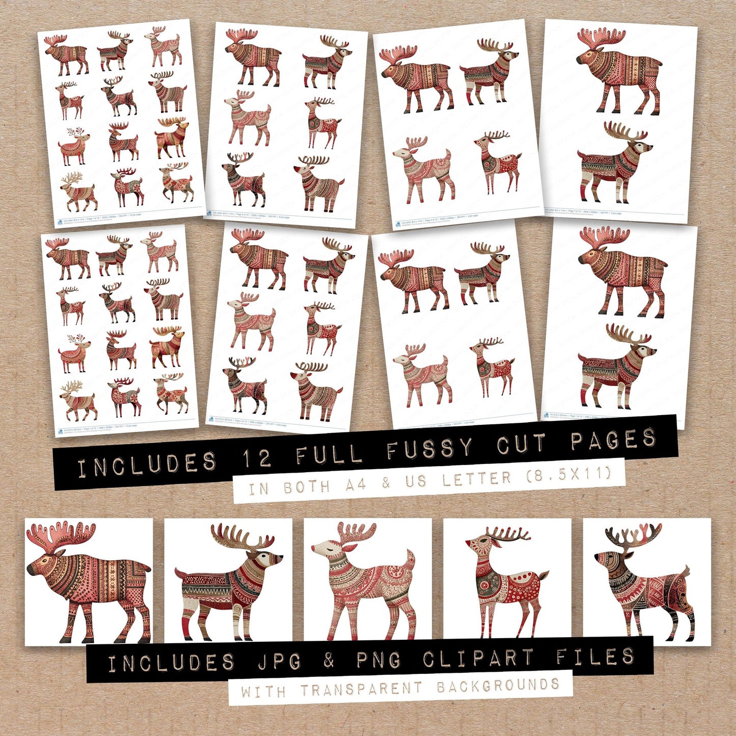 Full collection view of Christmas Folk Art Reindeer fussy cut sheets with bonus clipart JPG and PNG files