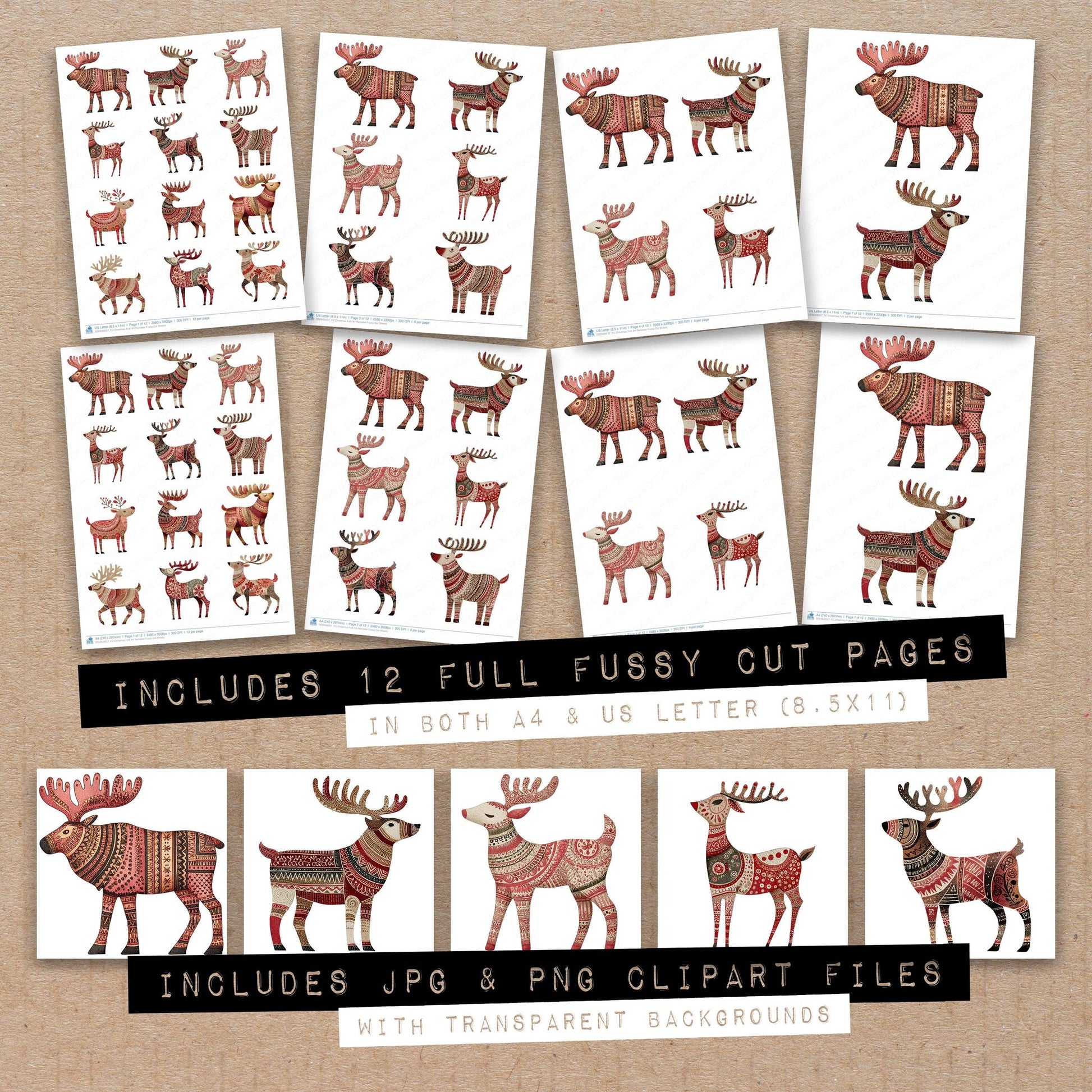 Full collection view of Christmas Folk Art Reindeer fussy cut sheets with bonus clipart JPG and PNG files
