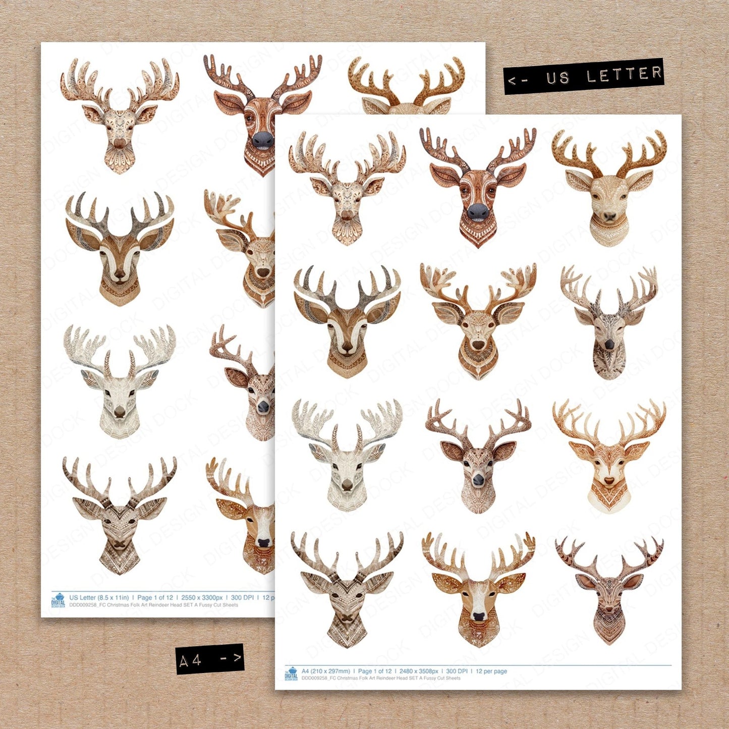 Christmas Folk Art Reindeer Head SET A Fussy Cut Sheets (DDD009258)