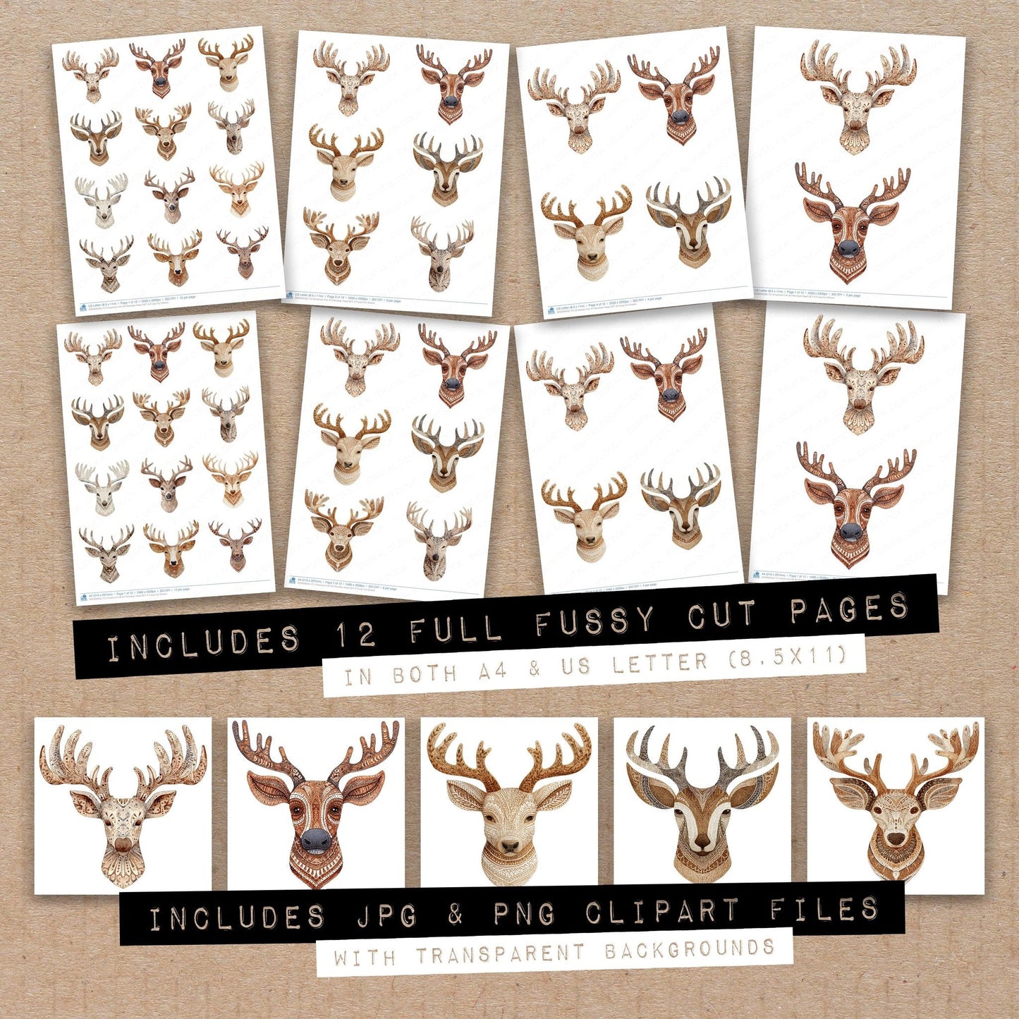 Christmas Folk Art Reindeer Head SET A Fussy Cut Sheets (DDD009258)