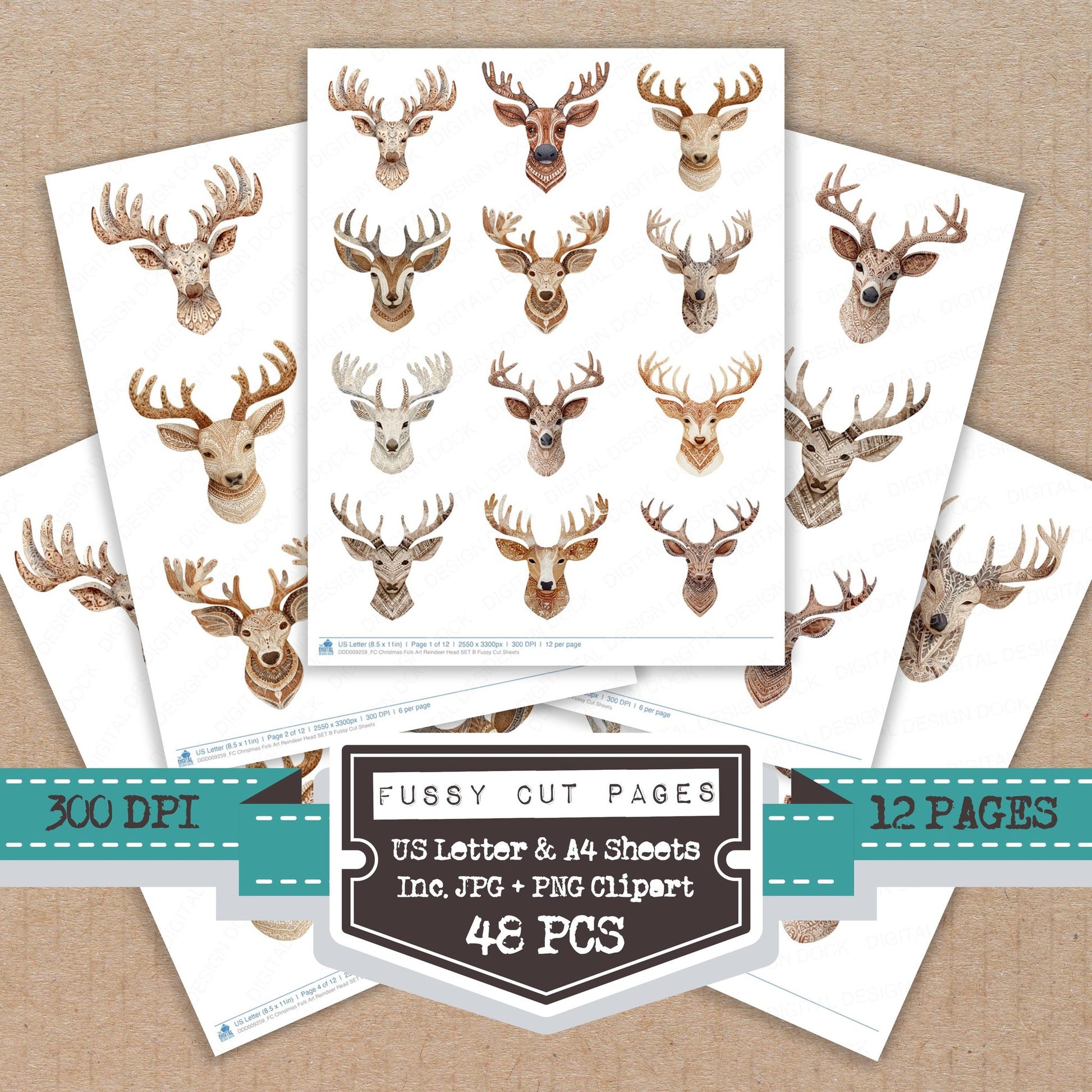 Christmas Folk Art Reindeer Head B fussy cut printable sheets for junk journaling, scrapbooking, and paper craft projects