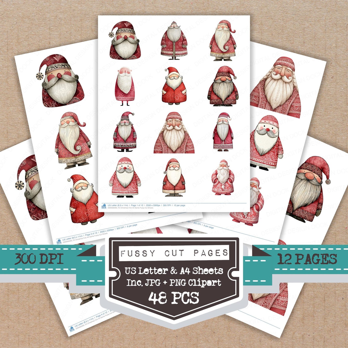 Christmas Folk Art Santa fussy cut printable sheets for junk journaling, scrapbooking, and paper craft projects