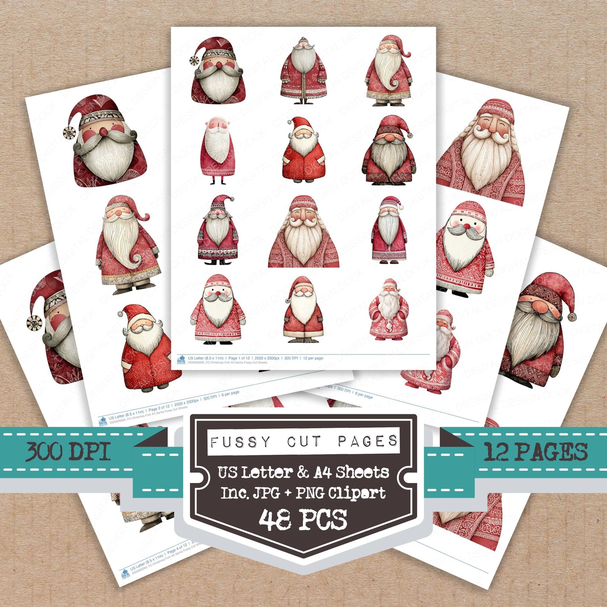 Christmas Folk Art Santa fussy cut printable sheets for junk journaling, scrapbooking, and paper craft projects