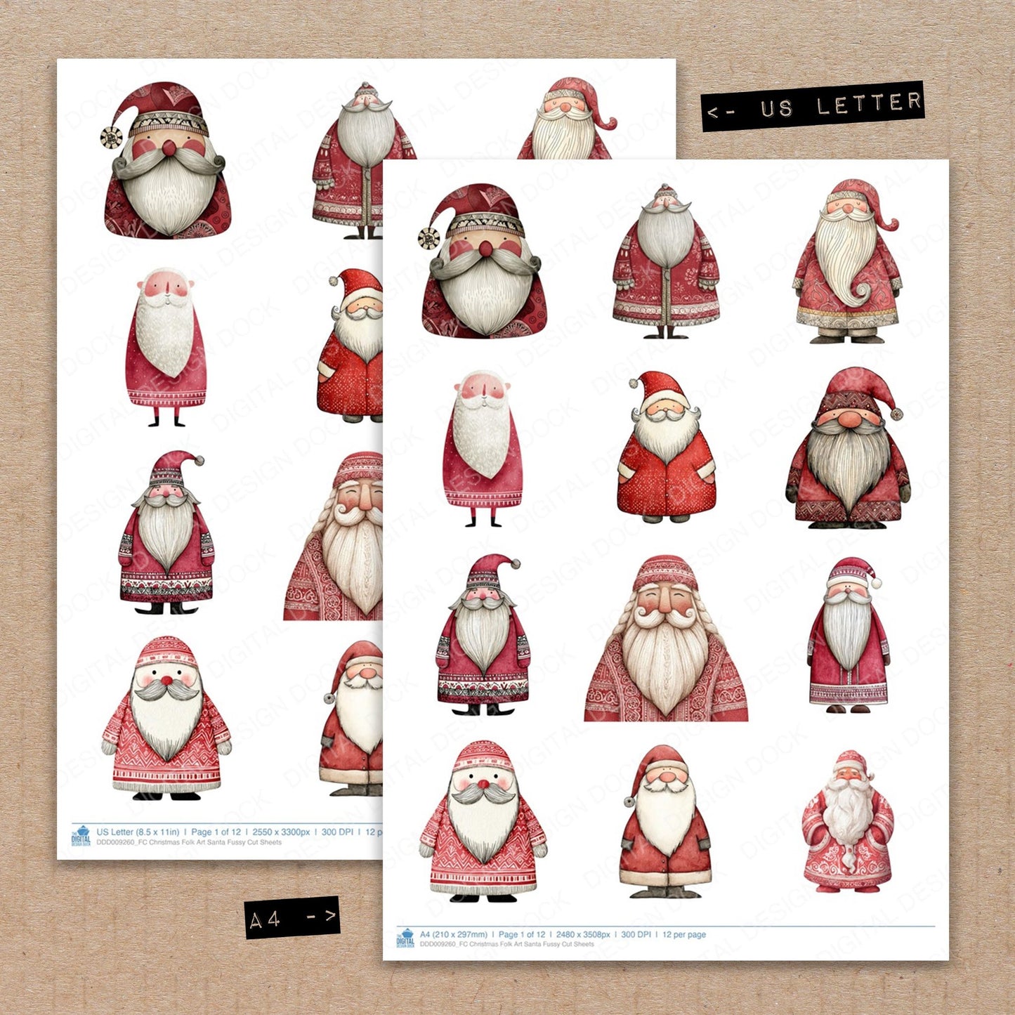 A4 and US Letter format comparison showing Christmas Folk Art Santa fussy cut pages for print and cut crafting