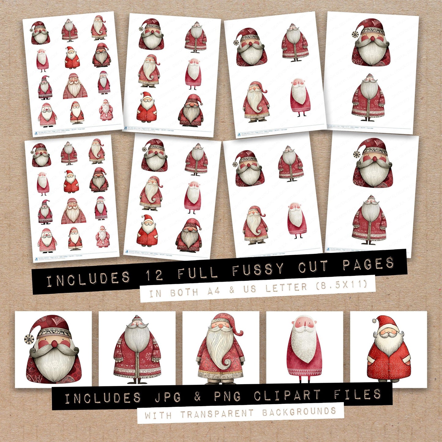 Full collection view of Christmas Folk Art Santa fussy cut sheets with bonus clipart JPG and PNG files