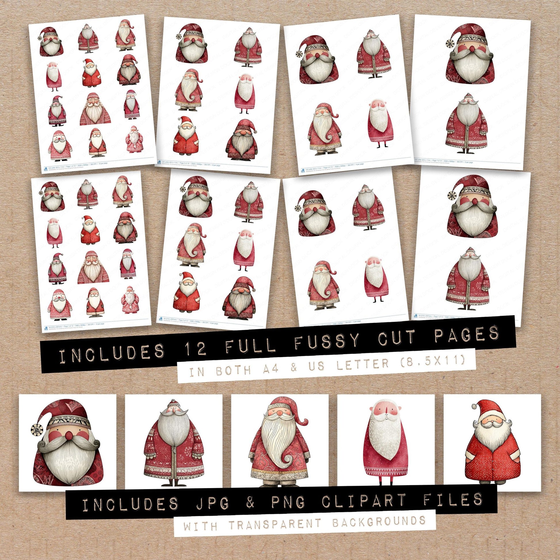 Full collection view of Christmas Folk Art Santa fussy cut sheets with bonus clipart JPG and PNG files