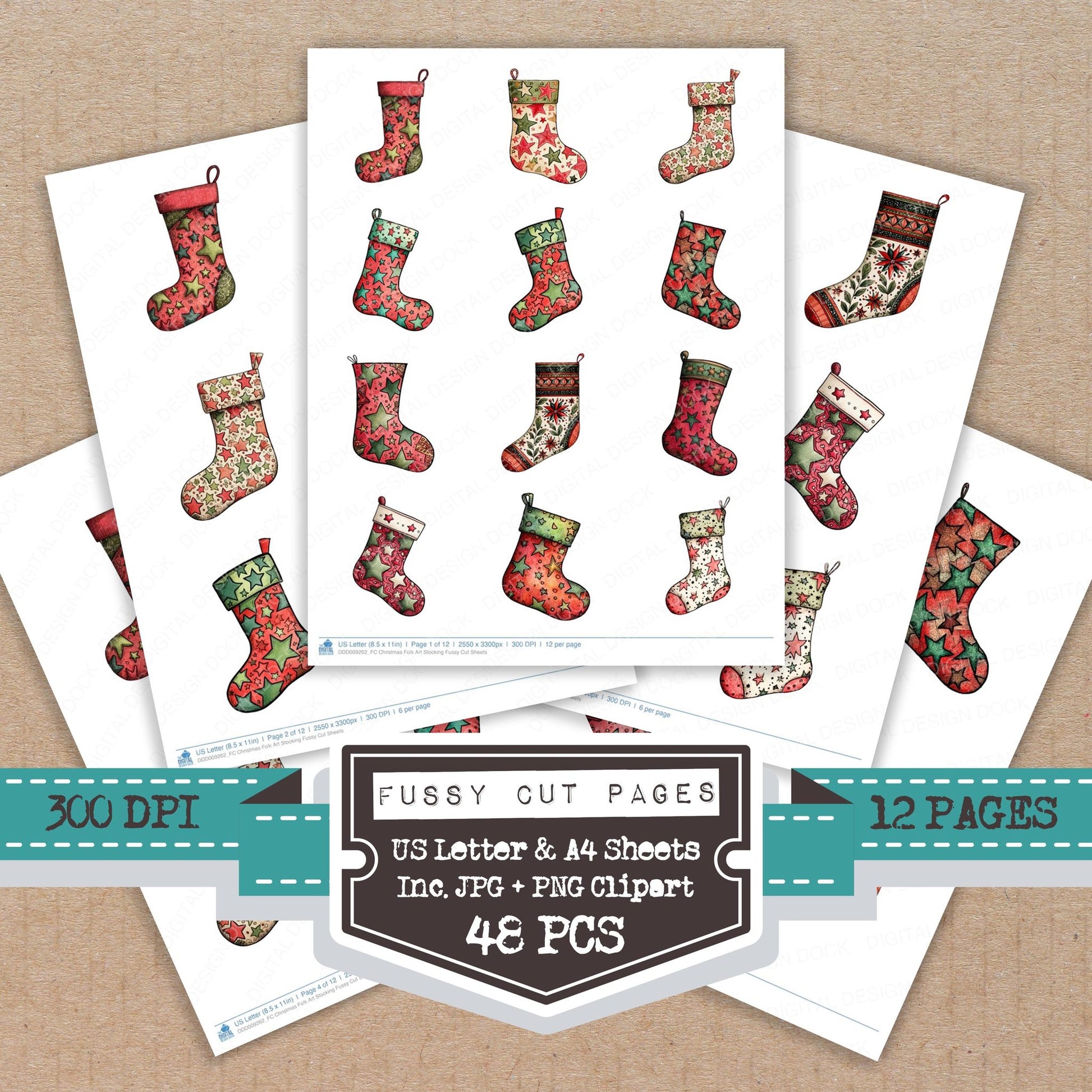 Christmas Folk Art Stocking fussy cut printable sheets for junk journaling, scrapbooking, and paper craft projects
