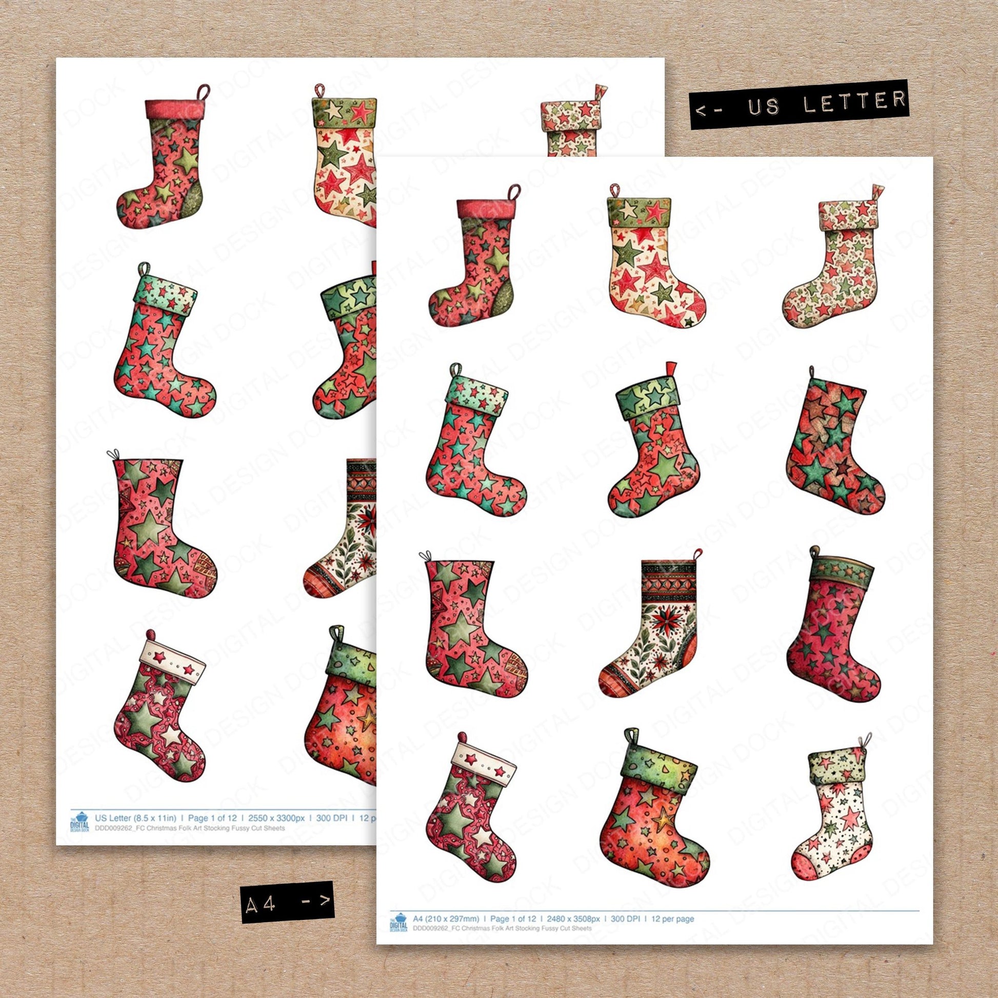 A4 and US Letter format comparison showing Christmas Folk Art Stocking fussy cut pages for print and cut crafting