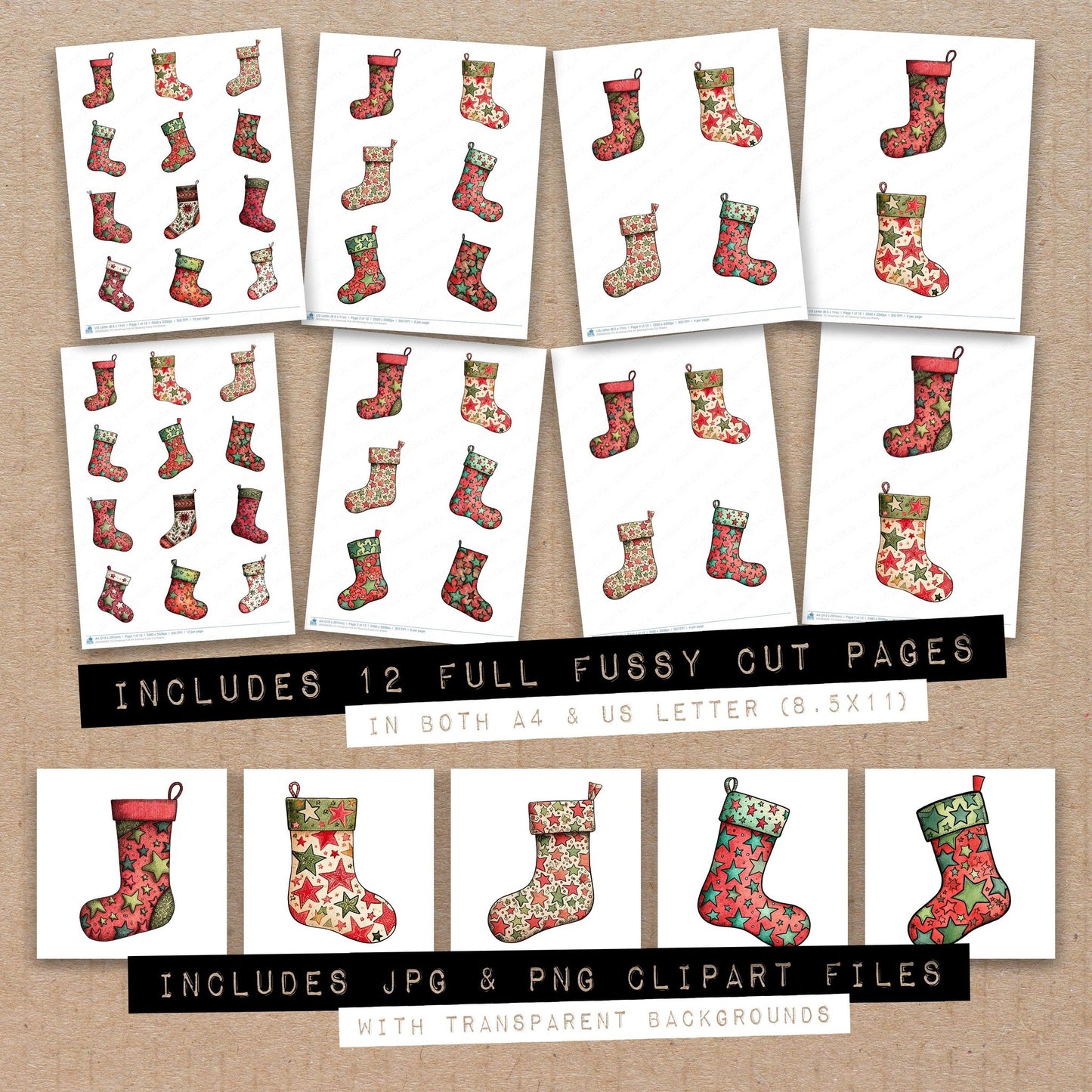 Full collection view of Christmas Folk Art Stocking fussy cut sheets with bonus clipart JPG and PNG files