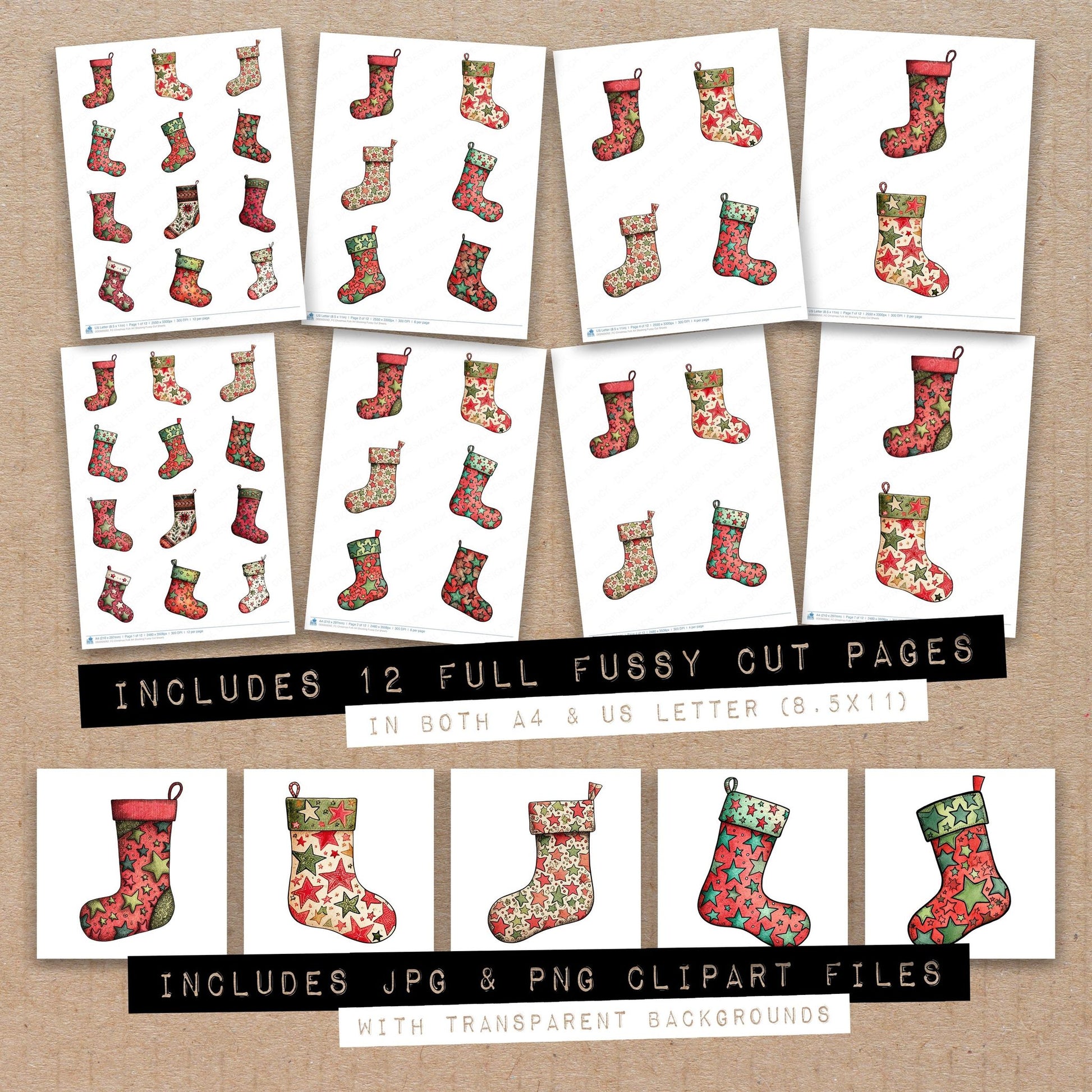Full collection view of Christmas Folk Art Stocking fussy cut sheets with bonus clipart JPG and PNG files