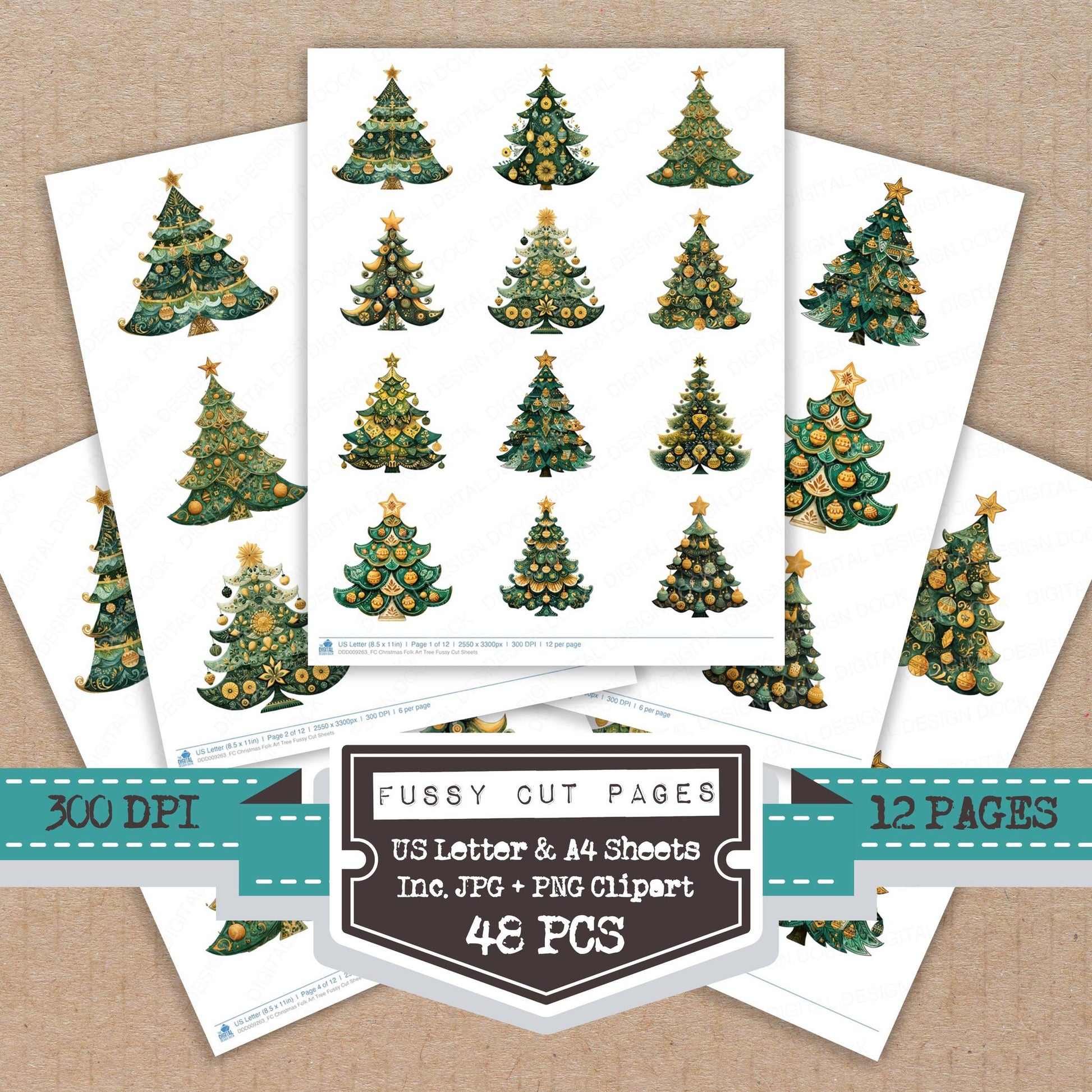 Christmas Folk Art Tree fussy cut printable sheets for junk journaling, scrapbooking, and paper craft projects