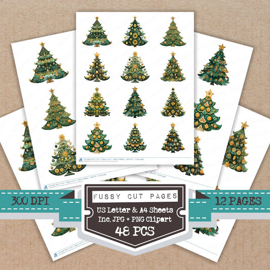 Christmas Folk Art Tree fussy cut printable sheets for junk journaling, scrapbooking, and paper craft projects