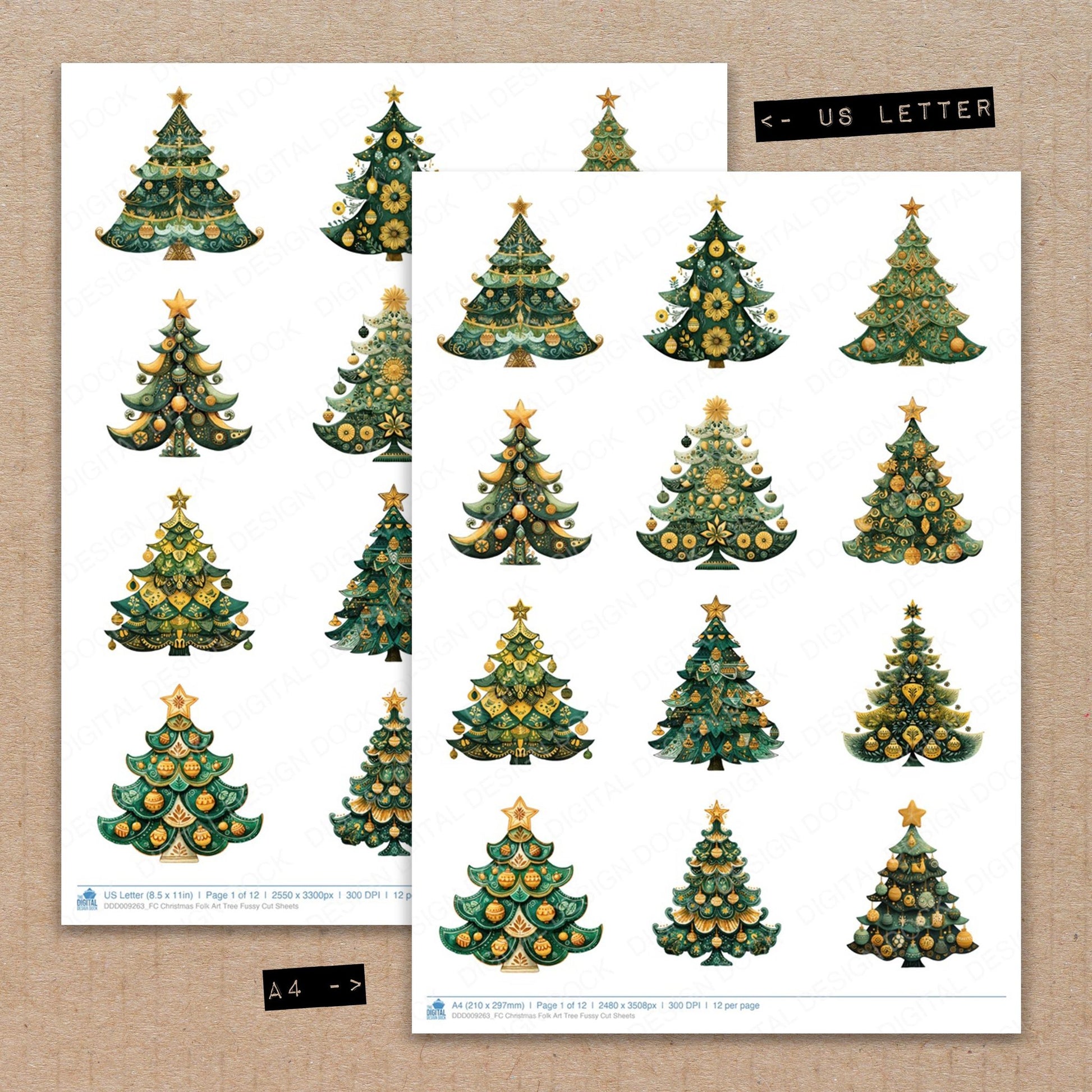 A4 and US Letter format comparison showing Christmas Folk Art Tree fussy cut pages for print and cut crafting