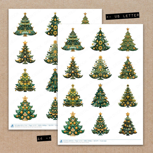 A4 and US Letter format comparison showing Christmas Folk Art Tree fussy cut pages for print and cut crafting