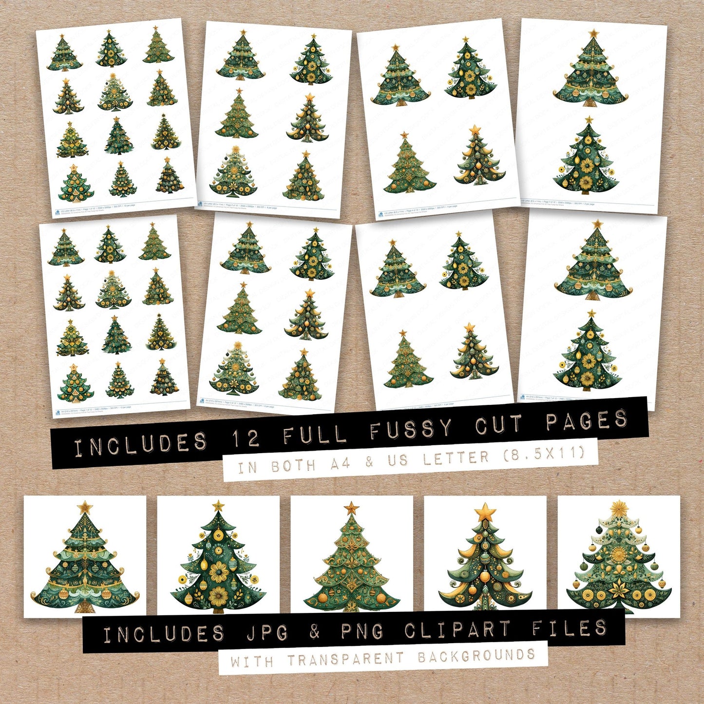 Full collection view of Christmas Folk Art Tree fussy cut sheets with bonus clipart JPG and PNG files