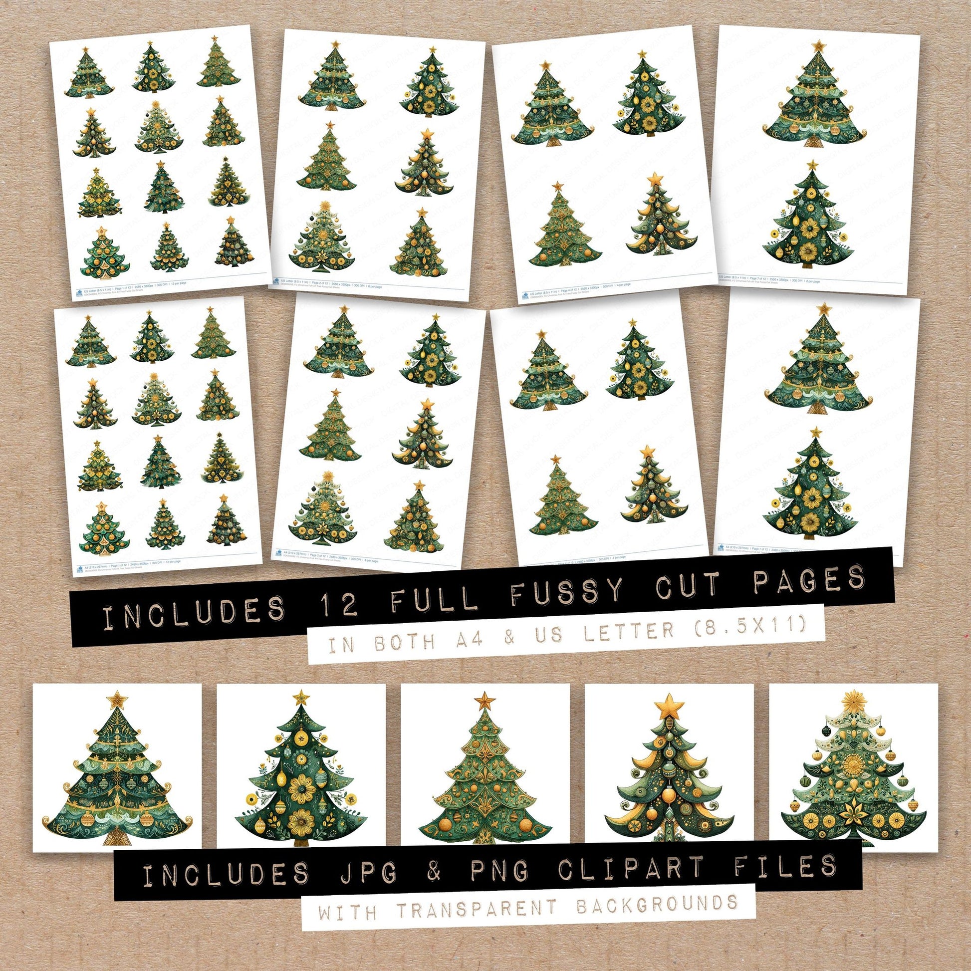 Full collection view of Christmas Folk Art Tree fussy cut sheets with bonus clipart JPG and PNG files