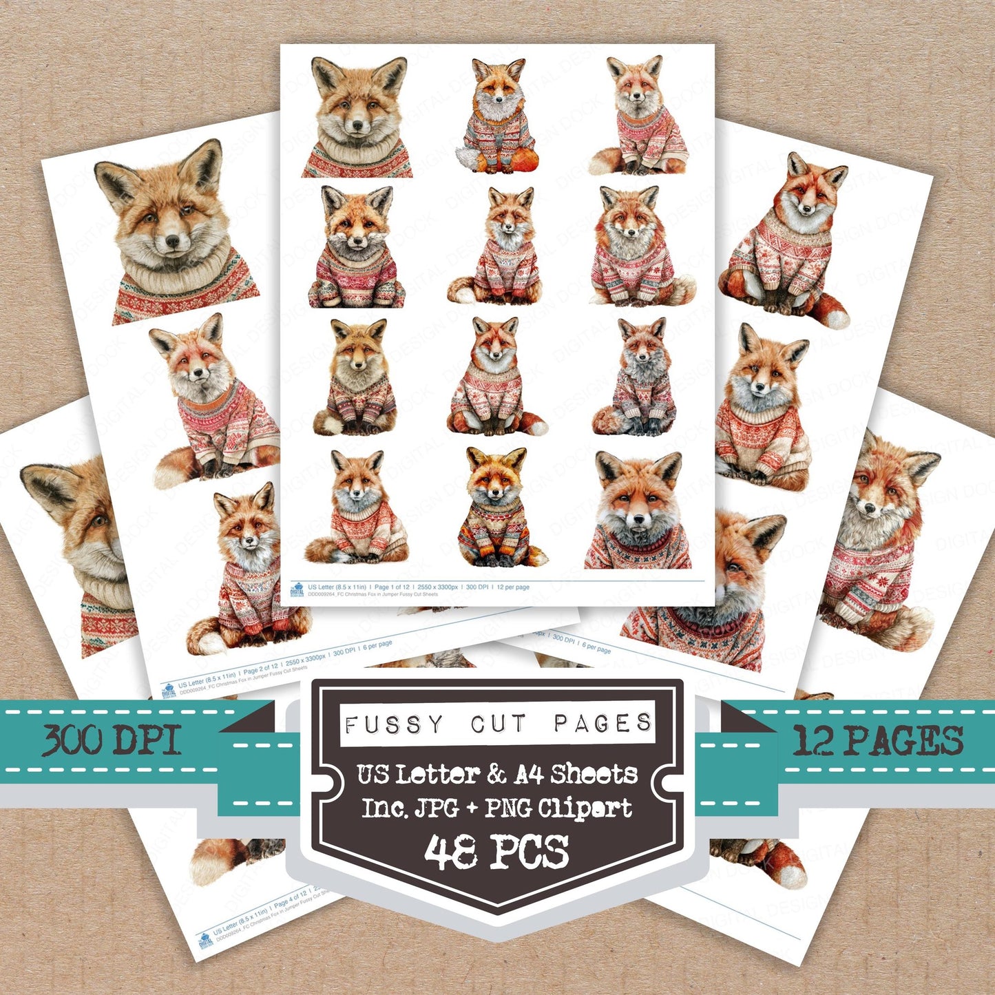 Christmas Fox in Jumper fussy cut printable sheets for junk journaling, scrapbooking, and paper craft projects