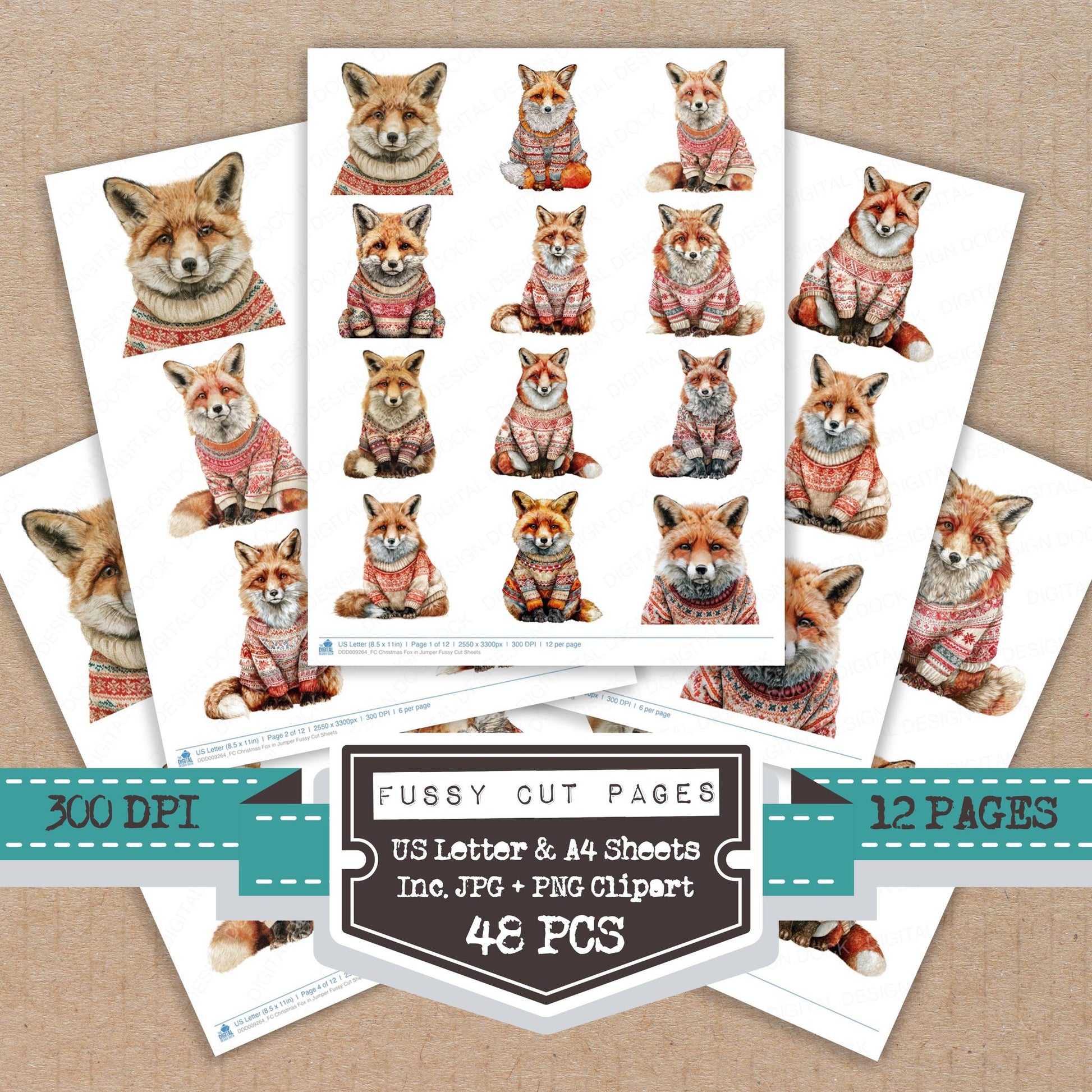 Christmas Fox in Jumper fussy cut printable sheets for junk journaling, scrapbooking, and paper craft projects
