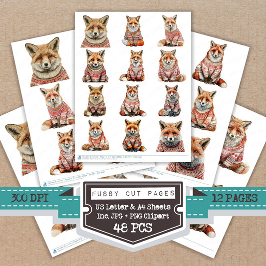 Christmas Fox in Jumper fussy cut printable sheets for junk journaling, scrapbooking, and paper craft projects