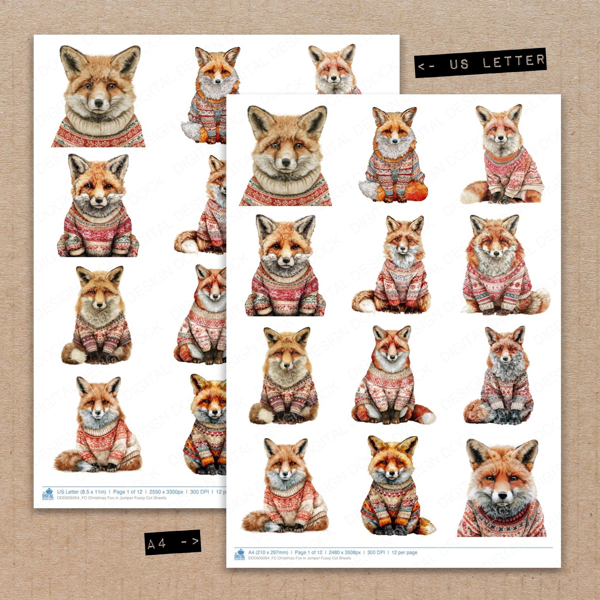 A4 and US Letter format comparison showing Christmas Fox in Jumper fussy cut pages for print and cut crafting