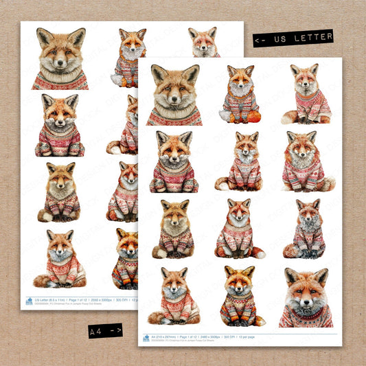 A4 and US Letter format comparison showing Christmas Fox in Jumper fussy cut pages for print and cut crafting