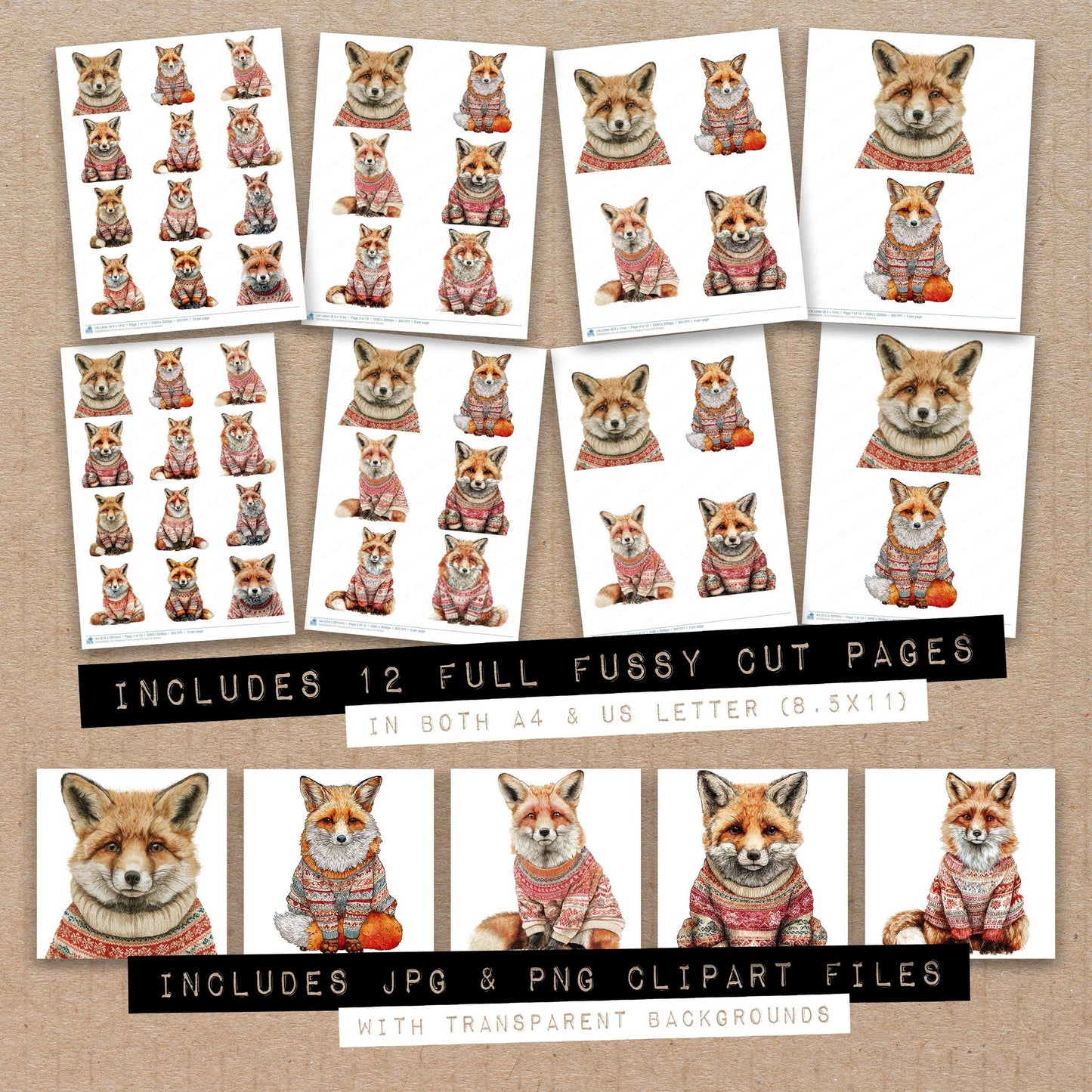 Full collection view of Christmas Fox in Jumper fussy cut sheets with bonus clipart JPG and PNG files