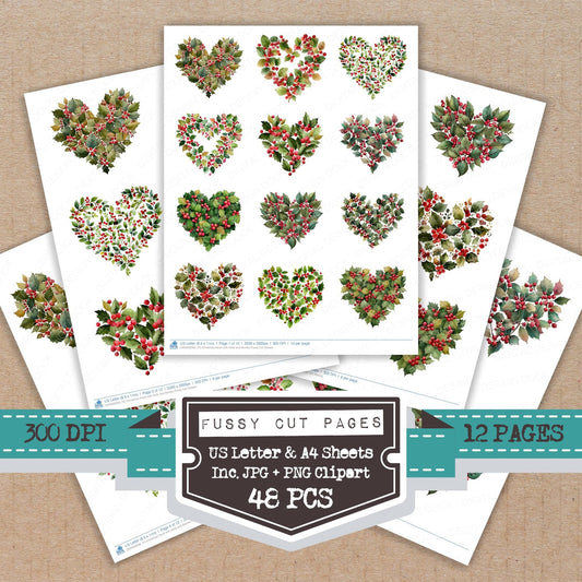 Christmas Heart with Holly and Berries Fussy Cut Sheets (DDD009266)