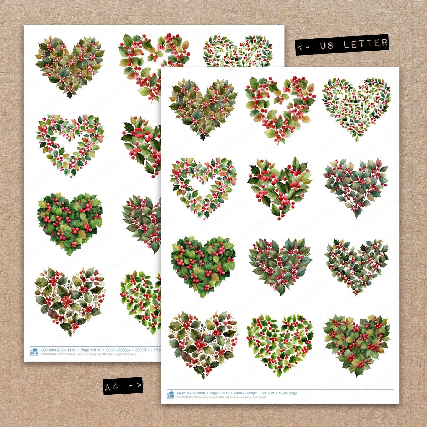Christmas Heart with Holly and Berries Fussy Cut Sheets (DDD009266)