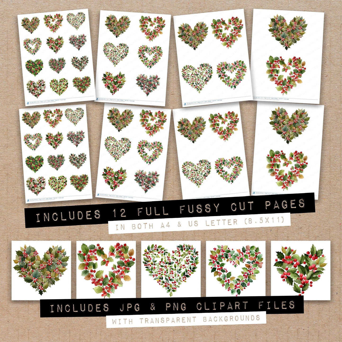 Christmas Heart with Holly and Berries Fussy Cut Sheets (DDD009266)