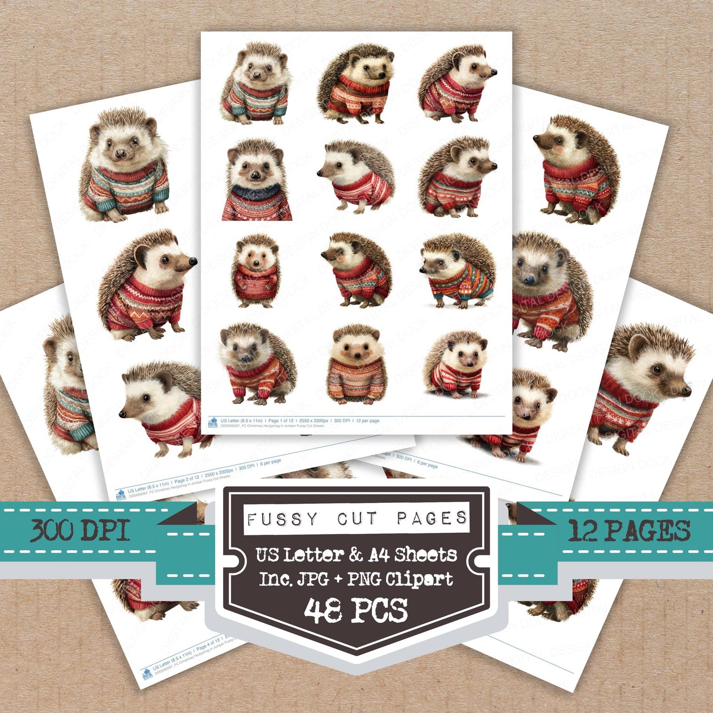 Christmas Hedgehog in Jumper fussy cut printable sheets for junk journaling, scrapbooking, and paper craft projects