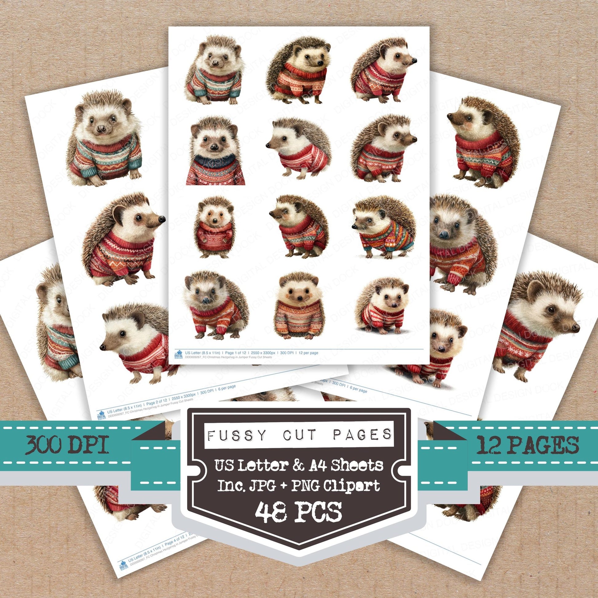 Christmas Hedgehog in Jumper fussy cut printable sheets for junk journaling, scrapbooking, and paper craft projects