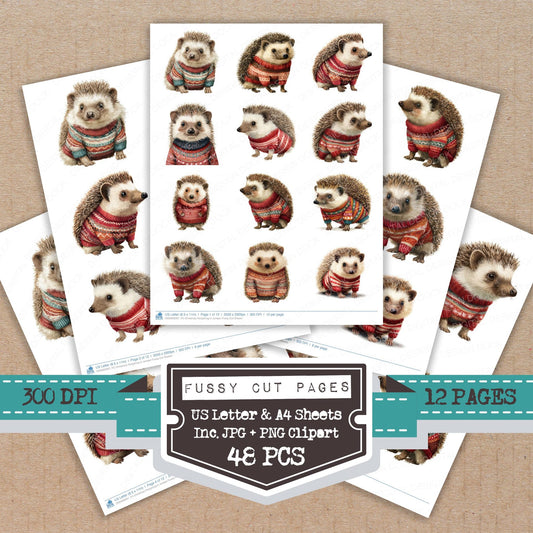 Christmas Hedgehog in Jumper fussy cut printable sheets for junk journaling, scrapbooking, and paper craft projects