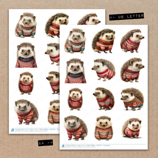 A4 and US Letter format comparison showing Christmas Hedgehog in Jumper fussy cut pages for print and cut crafting