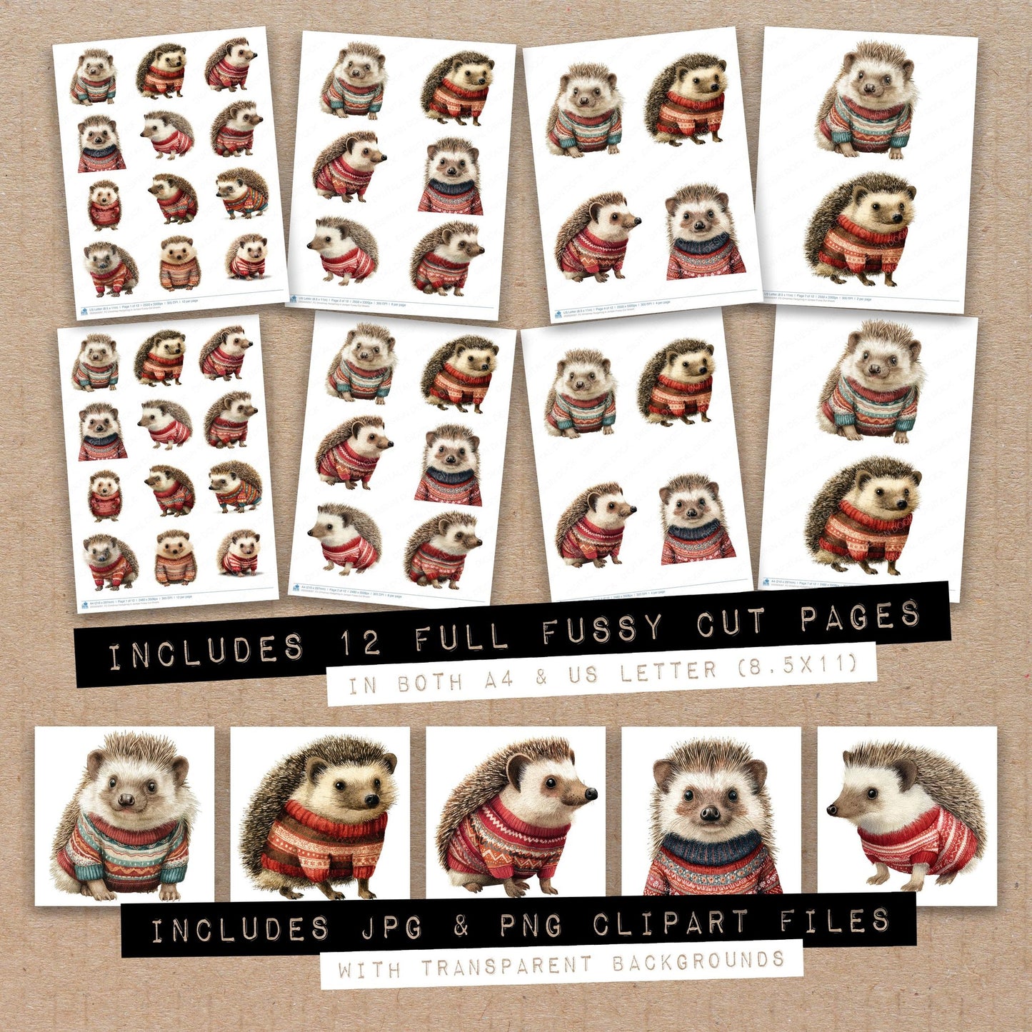 Full collection view of Christmas Hedgehog in Jumper fussy cut sheets with bonus clipart JPG and PNG files