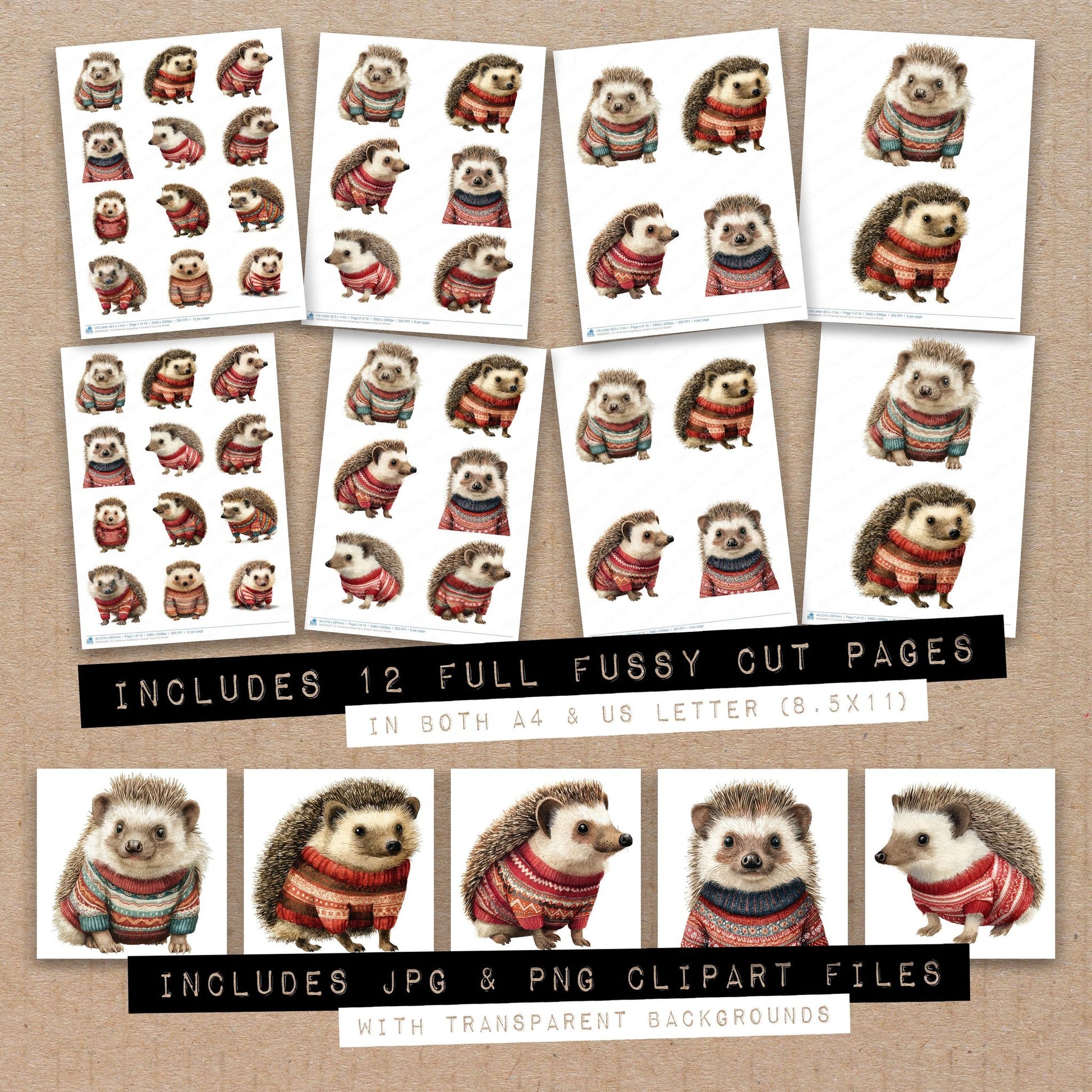Full collection view of Christmas Hedgehog in Jumper fussy cut sheets with bonus clipart JPG and PNG files