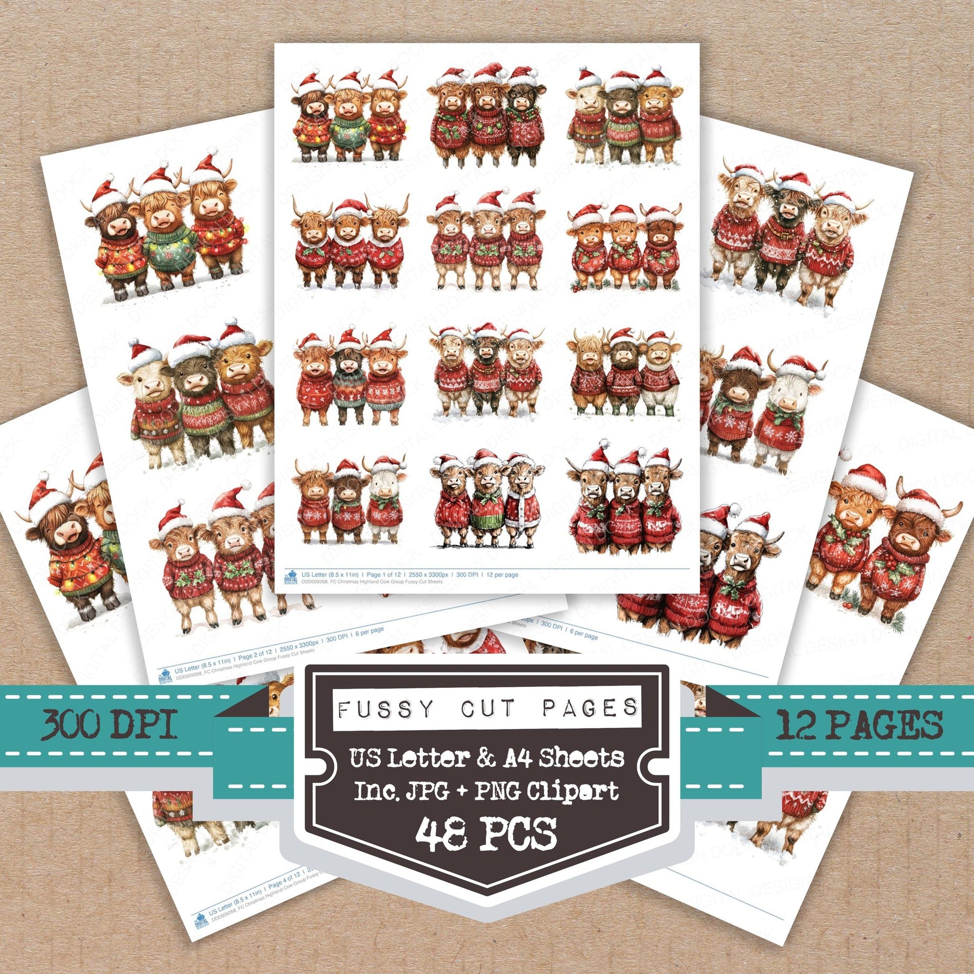 Christmas Highland Cow Group fussy cut printable sheets for junk journaling, scrapbooking, and paper craft projects